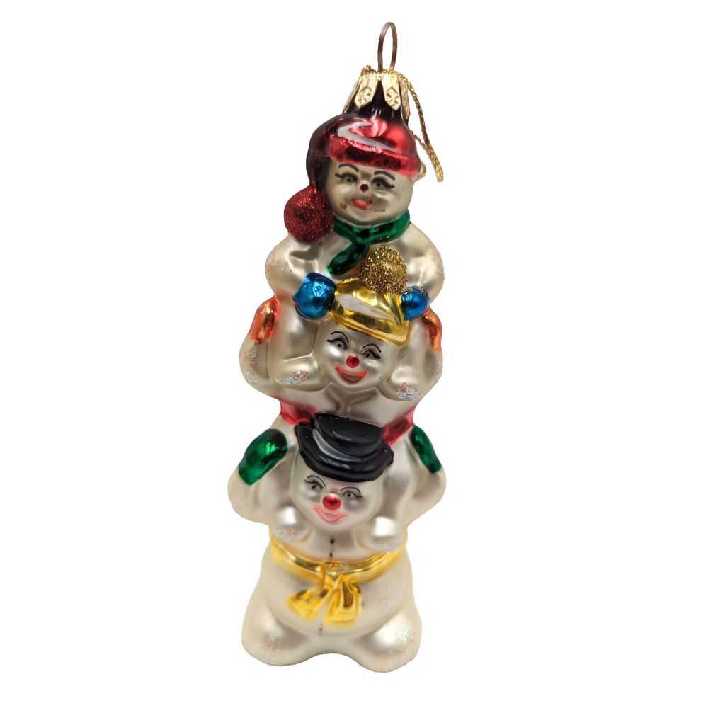 Vintage Snowman Totem Pole Hand Blown‎ Glass Poland Stacked Snowmen